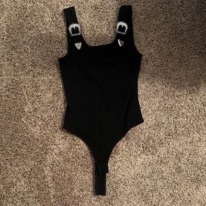 Trendy Black Bodysuit with Buckle Accents